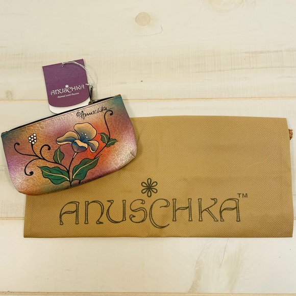 Anushka Hand Painted Leather Vintage Brown Orange Accessory Case Zip Rare - Picture 2 of 6